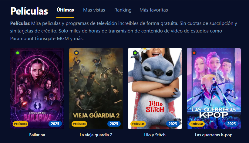 Captura de pantalla de la interfaz de usuario de Pelisflix, mostrando una variedad de películas y series con un diseño retro.